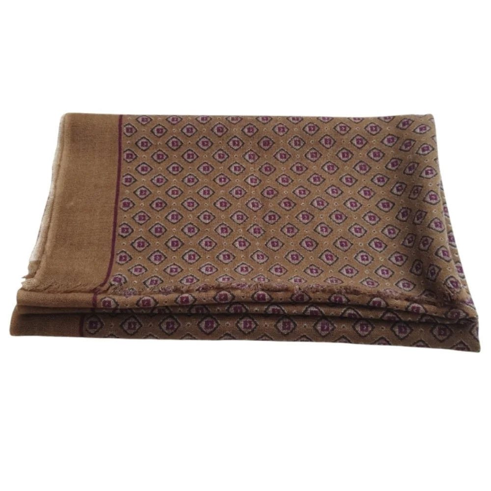 EREDI PISANO Wool Long Scarf Shawl Caramel Brown Burgundy Accents